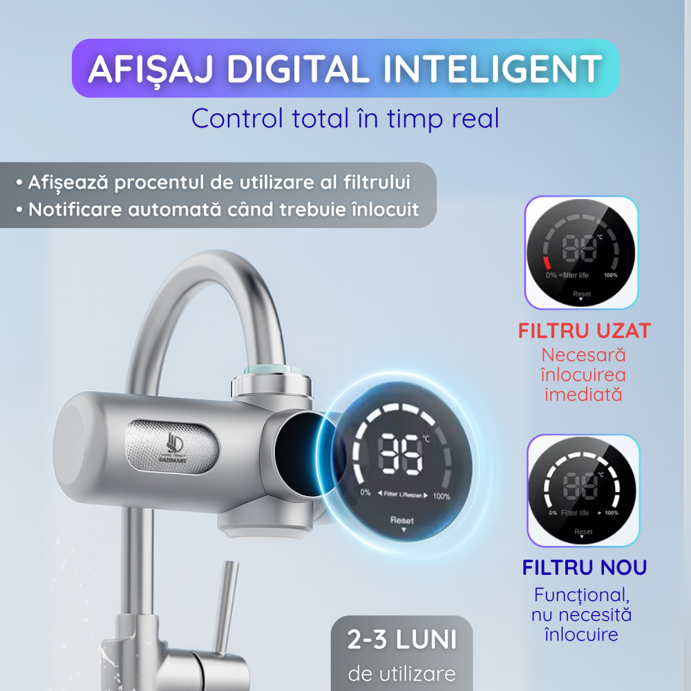Filtru de Apa Inteligent cu Ecran Digital Daismart©, montare pe chiuveta, sistem de purificare in 8 etape, tehnologie fara alimentare, sterilizare UV, afisaj temperatura si durata filtrului, ultrafilt [4]