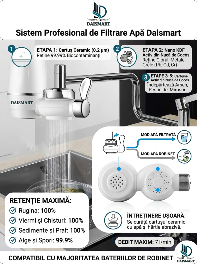Filtru de apă pentru robinet Daismart, 5 etape de filtrare, cu adaptoare incluse [6]