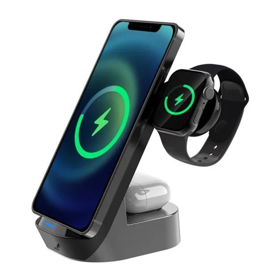 Incarcator Wireless 3 in 1, Daismart®️, 15W, Tehnologie Qi, Compatibil Smartphone, Smartwatch Apple , Airpods , Stand Birou [1]