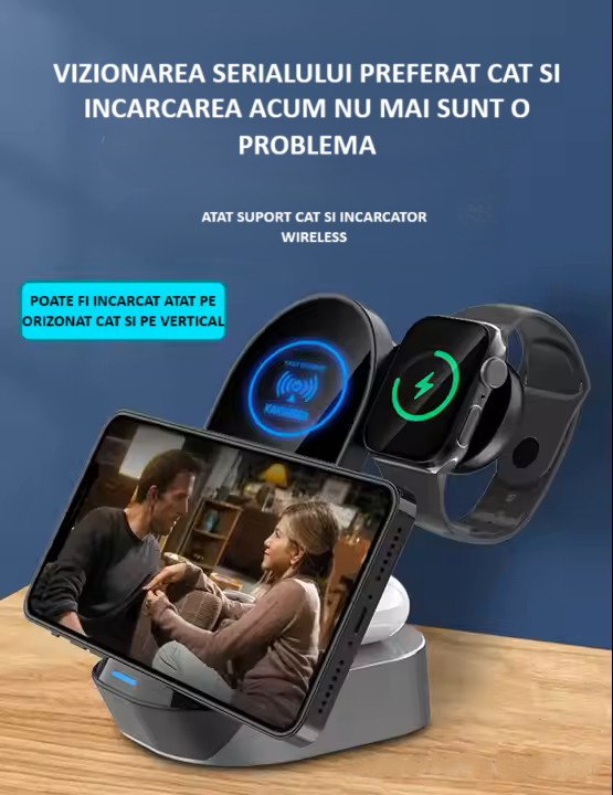 Incarcator Wireless 3 in 1, Daismart®️, 15W, Tehnologie Qi, Compatibil Smartphone, Smartwatch Apple , Airpods , Stand Birou [6]