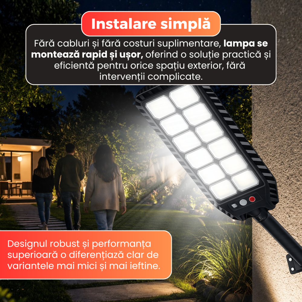 Lampa solara stradala Daismart 400W, Daismart, 216 LED SMD, senzor miscare, 3 moduri iluminare, telecomanda, IP67, lumina rece 6500K, autonomie 12h, exterior, negru [6]