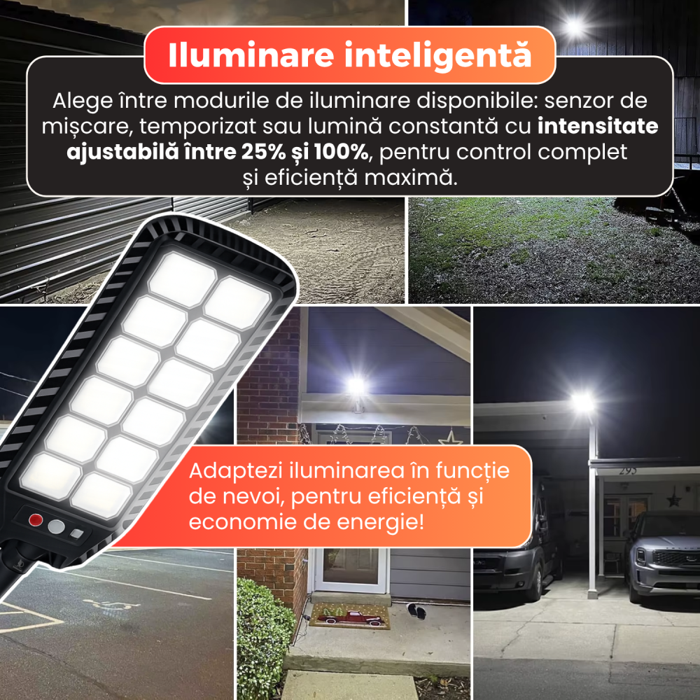 Lampa solara stradala Daismart 400W, Daismart, 216 LED SMD, senzor miscare, 3 moduri iluminare, telecomanda, IP67, lumina rece 6500K, autonomie 12h, exterior, negru [4]