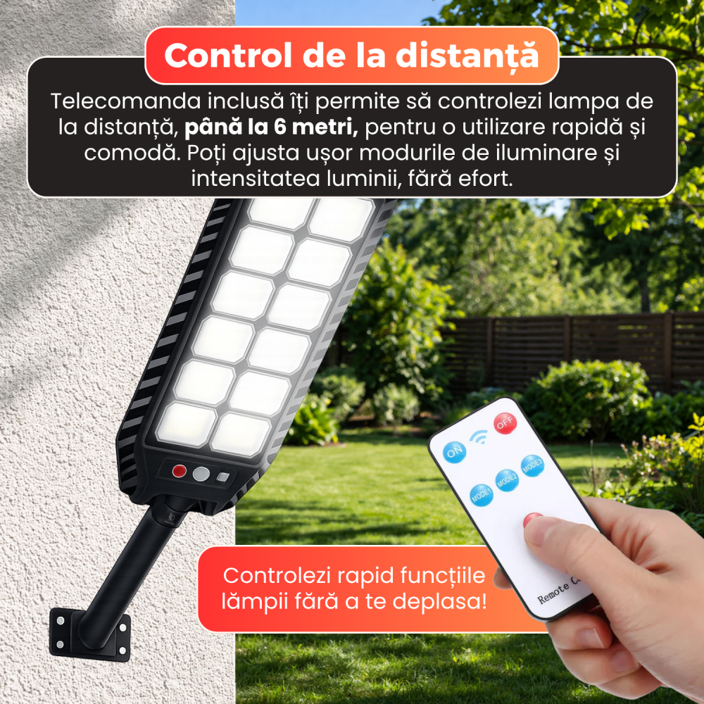 Lampa solara stradala Daismart 400W, Daismart, 216 LED SMD, senzor miscare, 3 moduri iluminare, telecomanda, IP67, lumina rece 6500K, autonomie 12h, exterior, negru [5]