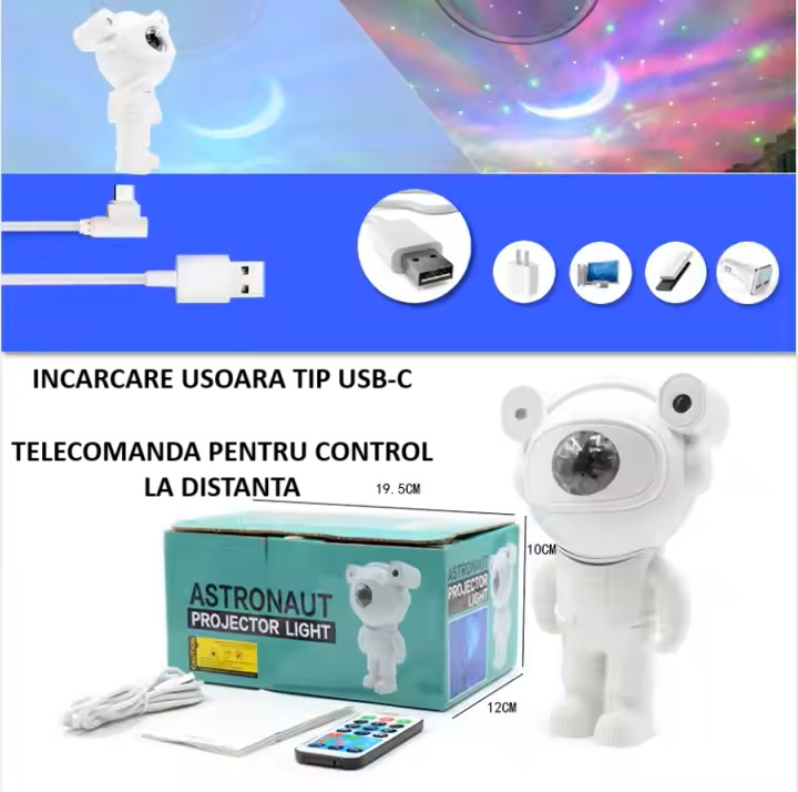 Proiector Astronaut cu LED 20cm,Cap Magnetic, Lumini Multicolore si Telecomada , Incarcare USB [4]