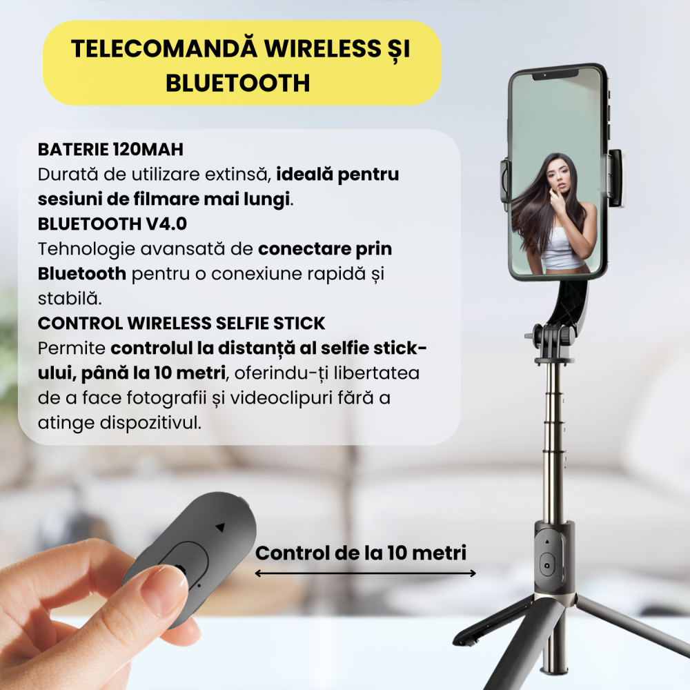 Sistem Gimbal Stabilizator de imagine cu maner, Daismart®, model Q08 universal, rotatie 360°, pentru telefon, trepied inclus, control de la distanta, stabilizare video, selfie-stick, conectare Bluetoo [7]