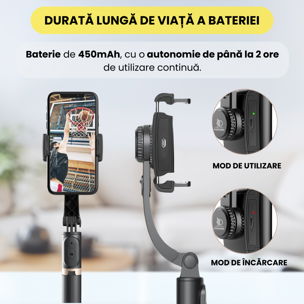 Sistem Gimbal Stabilizator de imagine cu maner, Daismart®, model Q08 universal, rotatie 360°, pentru telefon, trepied inclus, control de la distanta, stabilizare video, selfie-stick, conectare Bluetoo [5]