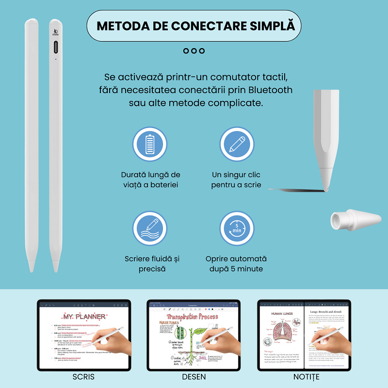 Stylus Pen Ipad universal compatibil cu orice dispozitiv, fara a necesita conectivitate bluetooth, Daismart, P3 Pro 2024, stilou digital cu precizie inalta, compatibil Android & Apple, incarcare tip C [9]