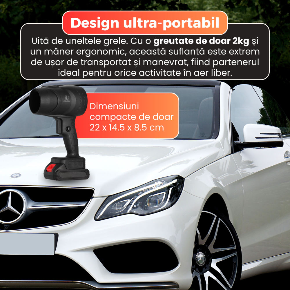 Suflanta turbo Pro, motor brushless 130.000 RPM, putere 1050W, jet de aer puternic, 2 acumulatori 48V inclusi, valiza transport, autonomie pana la 25 ore, negru [6]