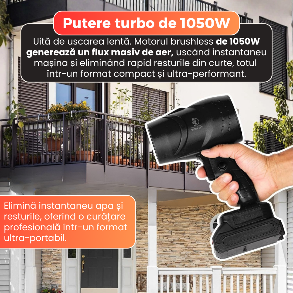 Suflanta turbo Pro, motor brushless 130.000 RPM, putere 1050W, jet de aer puternic, 2 acumulatori 48V inclusi, valiza transport, autonomie pana la 25 ore, negru [9]