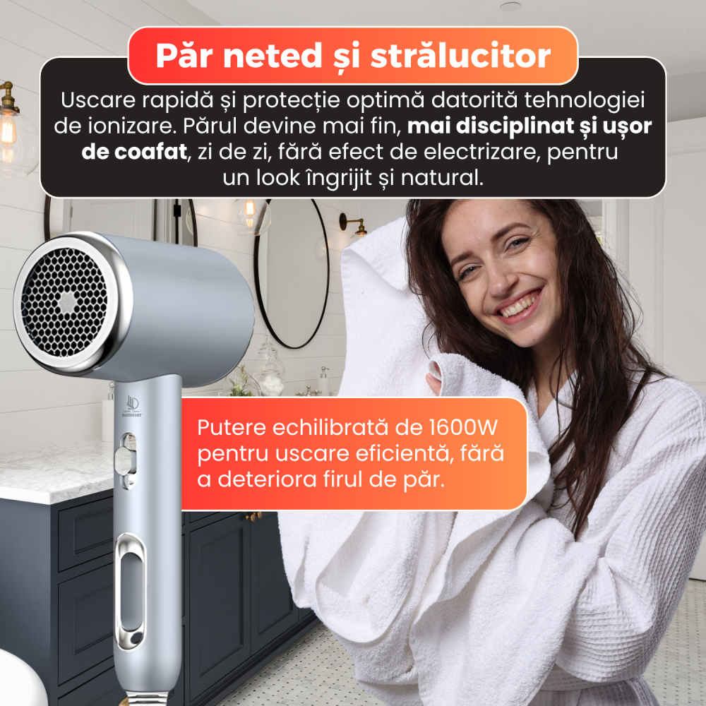 Uscator de par, Daismart, 1600W, tehnologie ionizare, 3 trepte temperatura, aer rece, design usor si ergonomic, nivel redus zgomot, argintiu [2]
