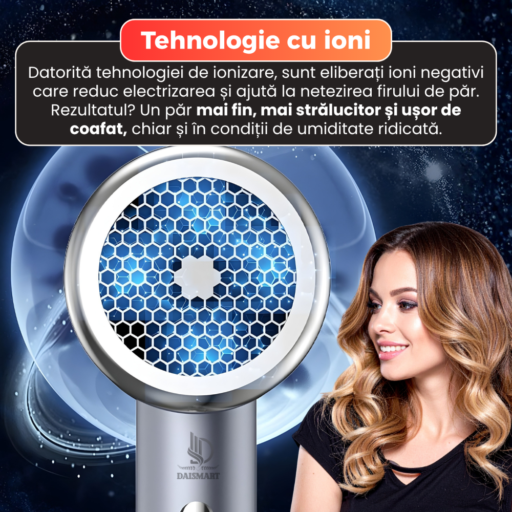 Uscator de par, Daismart, 1600W, tehnologie ionizare, 3 trepte temperatura, aer rece, design usor si ergonomic, nivel redus zgomot, argintiu [4]