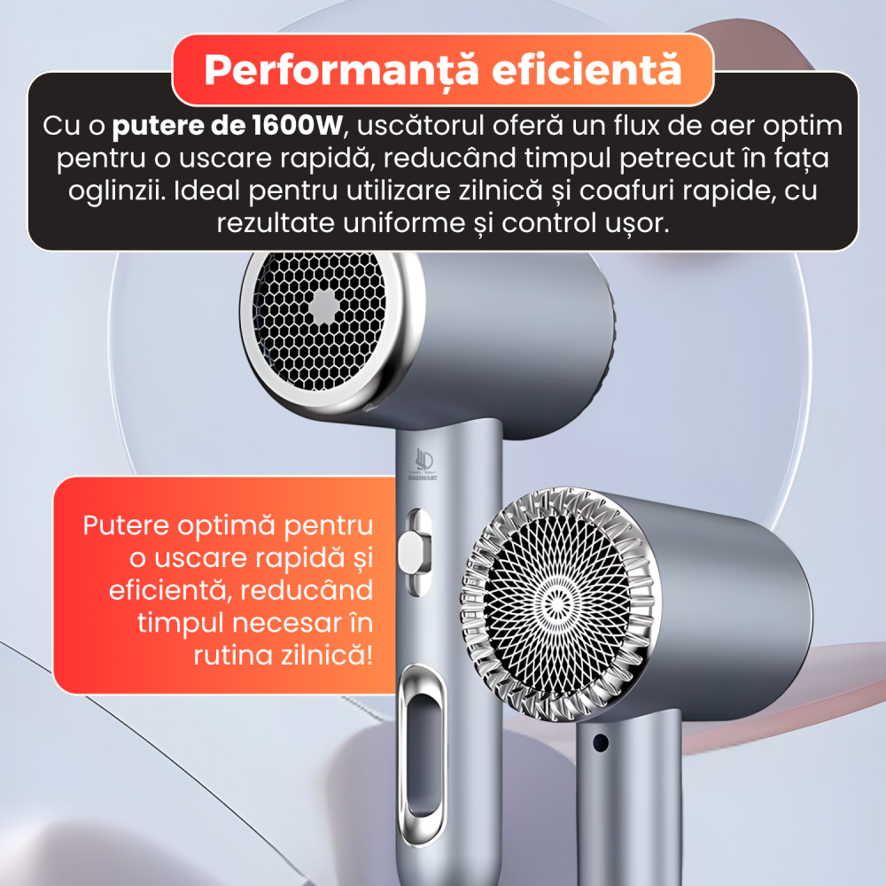 Uscator de par, Daismart, 1600W, tehnologie ionizare, 3 trepte temperatura, aer rece, design usor si ergonomic, nivel redus zgomot, argintiu [7]