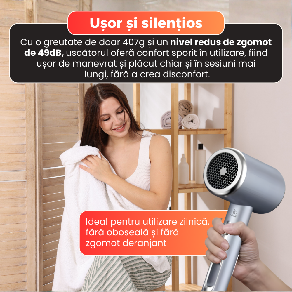 Uscator de par, Daismart, 1600W, tehnologie ionizare, 3 trepte temperatura, aer rece, design usor si ergonomic, nivel redus zgomot, argintiu [9]