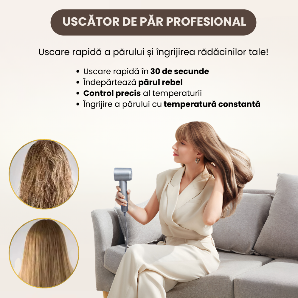 Uscator de par profesional 1600W, Daismart®, D3, 3 trepte de temperatura, 2 viteze, functie ionica avansata, aer rece-cald, design compact, motor high speed, ondulator, difuzor si duza de uscare inclu [2]