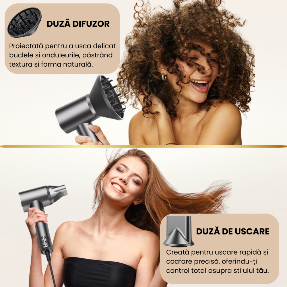 Uscator de par profesional 1600W, Daismart®, D3, 3 trepte de temperatura, 2 viteze, functie ionica avansata, aer rece-cald, design compact, motor high speed, ondulator, difuzor si duza de uscare inclu [6]