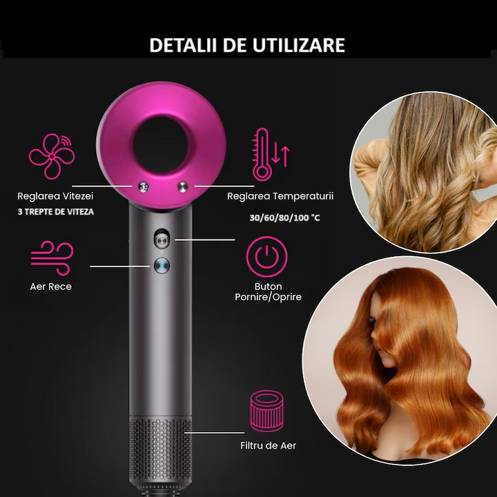 Uscator de par profesional 5 in 1, 1600W, Daismart®, FB2, 4 trepte de temperatura, 3 viteze, functie ionica avansata, aer rece-cald, design compact, motor high speed, accesorii coafat magnetice, roz-g [8]