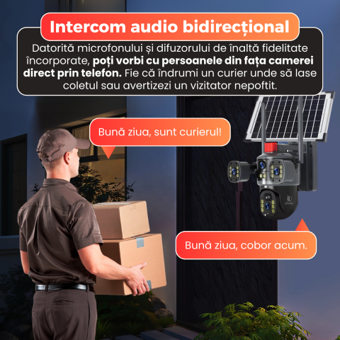 Camera de supraveghere exterior cu panou solar, Daismart®️, 4G, 3 lentile, vizualizare 3 ecrane, rotire 360, baterie 8000mah, 12 MP, detectie umana ai, viziune nocturna color, alarma si lumina, ip65, [2]