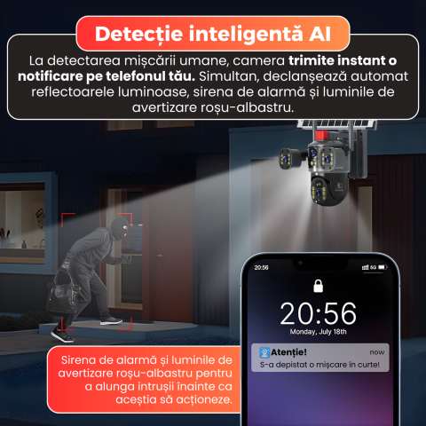 Camera de supraveghere exterior cu panou solar, Daismart®️, 4G, 3 lentile, vizualizare 3 ecrane, rotire 360, baterie 8000mah, 12 MP, detectie umana ai, viziune nocturna color, alarma si lumina, ip65, [5]