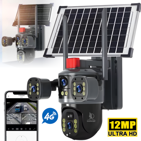 Sisteme de supraveghere si securitate - Camera de supraveghere exterior cu panou solar, Daismart®️, 4G, 3 lentile, vizualizare 3 ecrane, rotire 360, baterie 8000mah, 12 MP, detectie umana ai, viziune nocturna color, alarma si lumina, ip65,