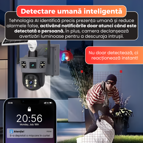 Camera supraveghere cu panou solar, Daismart, 4G, 1080P, Zoom Optic 10X, vedere nocturna color 100m, dual lens, detectare umana, urmarire automata, audio bidirectional, control 360°, IP66, exterior, g [1]