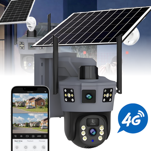 Sisteme de supraveghere si securitate - Camera supraveghere cu panou solar, Daismart, 4G, 1080P, Zoom Optic 10X, vedere nocturna color 100m, dual lens, detectare umana, urmarire automata, audio bidirectional, control 360°, IP66, exterior, g