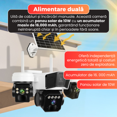 Camera supraveghere exterior, Daismart, 4G Ultra HD 12MP, panou solar 16W, Vedere 355°, acumulator 8000mAh, night vision color, audio bidirectional, senzor miscare AI, IP66, negru [7]