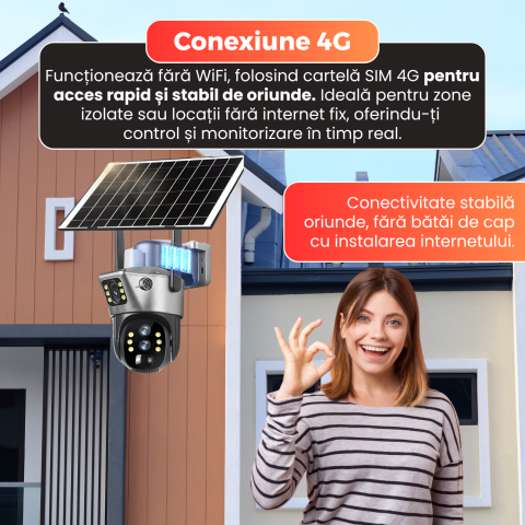Camera supraveghere 4G, Daismart, duala 8MP, panou solar 10W, baterie 10000mAh, zoom 10X, vedere nocturna color, detectare miscare, audio bidirectional, PTZ, IP66, exterior, gri [5]