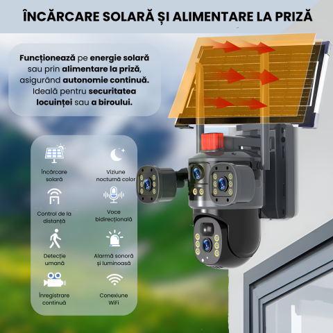 Camera supraveghere video tripla, WI-FI, Daismart, ULTRA HD, autonomie solara si incarcare la priza, 12MP, 6K, viziune nocturna colorata, detectare miscare, alarma inteligenta, gimbal 360°, negru [4]
