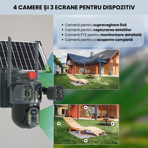 Camera supraveghere video tripla, WI-FI, Daismart, ULTRA HD, autonomie solara si incarcare la priza, 12MP, 6K, viziune nocturna colorata, detectare miscare, alarma inteligenta, gimbal 360°, negru [3]