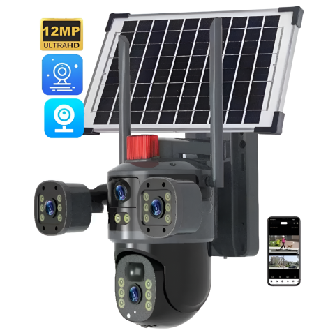 Sisteme de supraveghere si securitate - Camera supraveghere video tripla, WI-FI, Daismart, ULTRA HD, autonomie solara si incarcare la priza, 12MP, 6K, viziune nocturna colorata, detectare miscare, alarma inteligenta, gimbal 360°, negru
