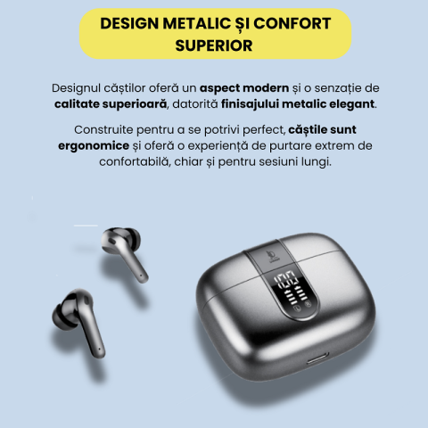 Casti wireless bluetooth Daismart®️ cu anularea zgomotului imbunatatita, Audio, Fara fir, Afisaj Digital, Bluetooth 5.3, Autonomie 42 ore, Microfon HD, Control tactil/touch, Latenta de 45 ms, Rezisten [8]