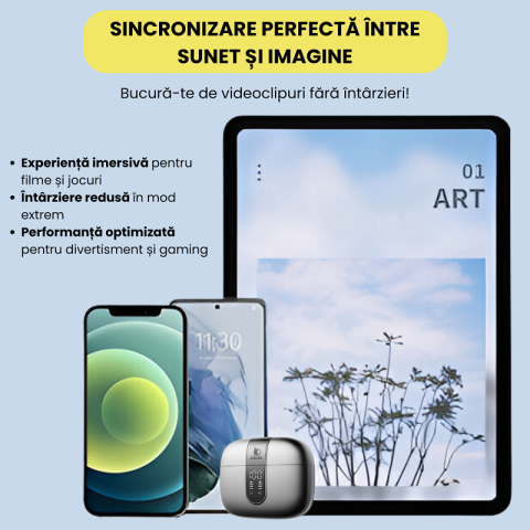 Casti wireless bluetooth Daismart®️ cu anularea zgomotului imbunatatita, Audio, Fara fir, Afisaj Digital, Bluetooth 5.3, Autonomie 42 ore, Microfon HD, Control tactil/touch, Latenta de 45 ms, Rezisten [9]