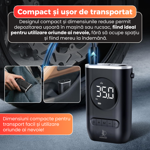 Compresor aer portabil auto, Daismart, afisaj digital, oprire automata, 5 moduri presetate, USB Tip-C, baterie reincarcabila, iluminare LED, multi-purpose, pentru masina, bicicleta, motocicleta, mingi [4]