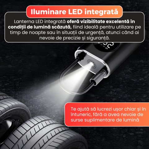 Compresor aer portabil auto, Daismart, afisaj digital, oprire automata, 5 moduri presetate, USB Tip-C, baterie reincarcabila, iluminare LED, multi-purpose, pentru masina, bicicleta, motocicleta, mingi [7]