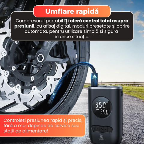 Compresor aer portabil auto, Daismart, afisaj digital, oprire automata, 5 moduri presetate, USB Tip-C, baterie reincarcabila, iluminare LED, multi-purpose, pentru masina, bicicleta, motocicleta, mingi [6]