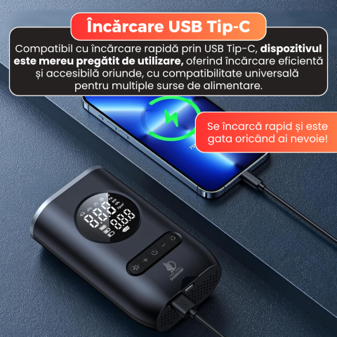 Compresor aer portabil auto, Daismart, afisaj digital, oprire automata, 5 moduri presetate, USB Tip-C, baterie reincarcabila, iluminare LED, multi-purpose, pentru masina, bicicleta, motocicleta, mingi [3]