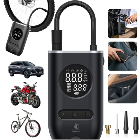 Accesorii auto - Compresor aer portabil auto, Daismart, afisaj digital, oprire automata, 5 moduri presetate, USB Tip-C, baterie reincarcabila, iluminare LED, multi-purpose, pentru masina, bicicleta, motocicleta, mingi
