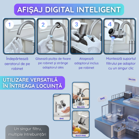 Filtru de Apa Inteligent cu Ecran Digital Daismart©, montare pe chiuveta, sistem de purificare in 8 etape, tehnologie fara alimentare, sterilizare UV, afisaj temperatura si durata filtrului, ultrafilt [7]