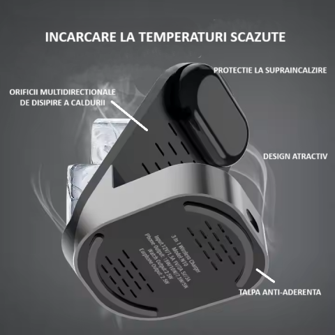 Incarcator Wireless 3 in 1, Daismart®️, 15W, Tehnologie Qi, Compatibil Smartphone, Smartwatch Apple , Airpods , Stand Birou [4]