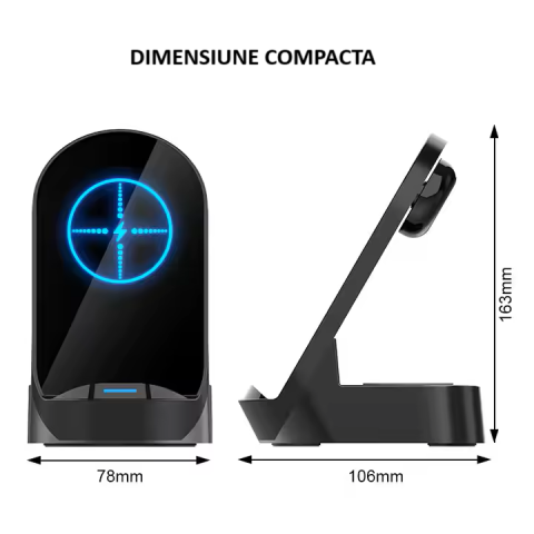Incarcator Wireless 3 in 1, Daismart®️, 15W, Tehnologie Qi, Compatibil Smartphone, Smartwatch Apple , Airpods , Stand Birou [2]