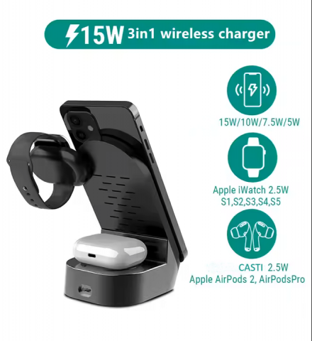 Incarcator Wireless 3 in 1, Daismart®️, 15W, Tehnologie Qi, Compatibil Smartphone, Smartwatch Apple , Airpods , Stand Birou [3]