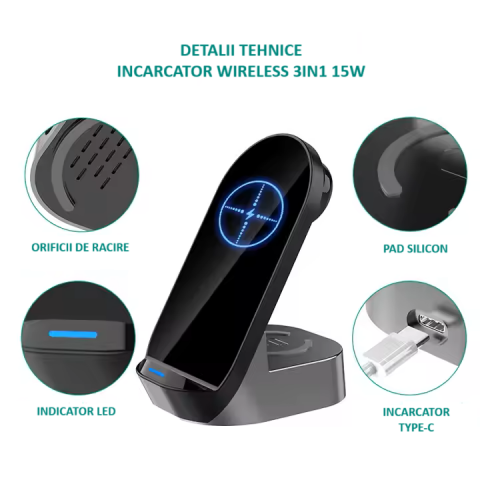 Incarcator Wireless 3 in 1, Daismart®️, 15W, Tehnologie Qi, Compatibil Smartphone, Smartwatch Apple , Airpods , Stand Birou [1]