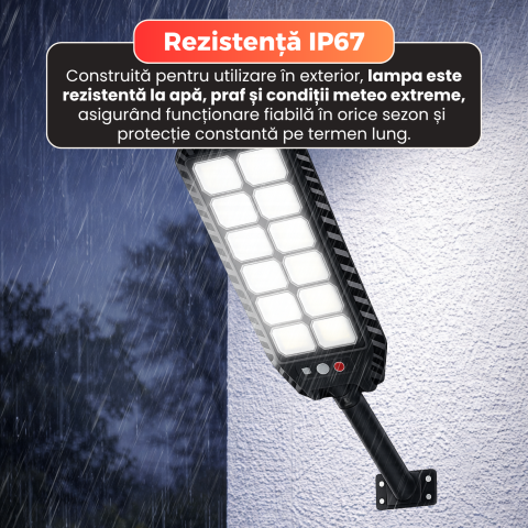 Lampa solara stradala Daismart 400W, Daismart, 216 LED SMD, senzor miscare, 3 moduri iluminare, telecomanda, IP67, lumina rece 6500K, autonomie 12h, exterior, negru [2]