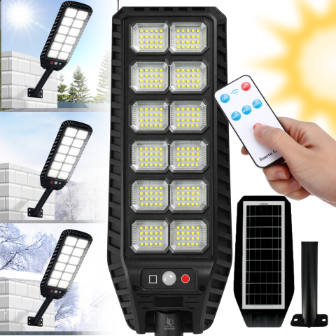 Casa, Gradina & Bricolaj - Lampa solara stradala Daismart 400W, Daismart, 216 LED SMD, senzor miscare, 3 moduri iluminare, telecomanda, IP67, lumina rece 6500K, autonomie 12h, exterior, negru