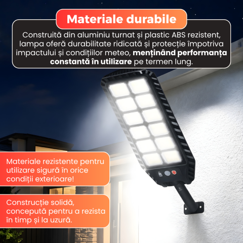 Lampa solara stradala Daismart 400W, Daismart, 216 LED SMD, senzor miscare, 3 moduri iluminare, telecomanda, IP67, lumina rece 6500K, autonomie 12h, exterior, negru [1]