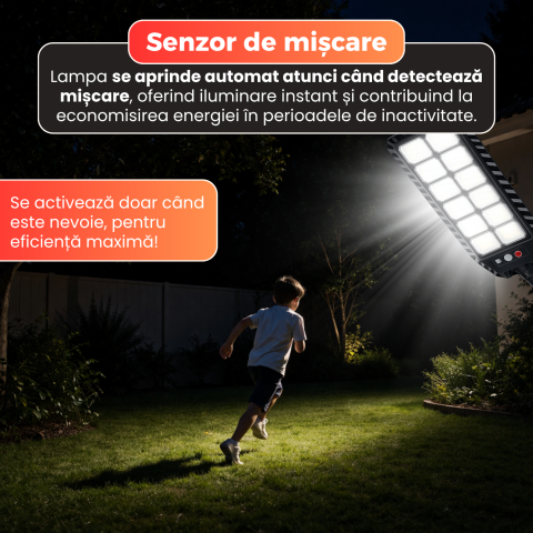 Lampa solara stradala Daismart 400W, Daismart, 216 LED SMD, senzor miscare, 3 moduri iluminare, telecomanda, IP67, lumina rece 6500K, autonomie 12h, exterior, negru [7]