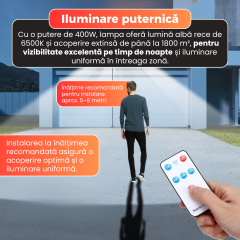 Lampa solara stradala Daismart 400W, Daismart, 216 LED SMD, senzor miscare, 3 moduri iluminare, telecomanda, IP67, lumina rece 6500K, autonomie 12h, exterior, negru [6]