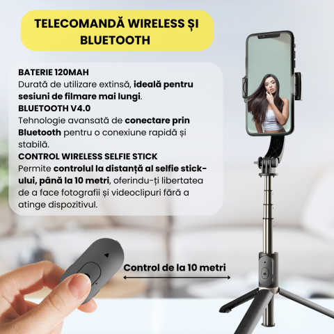 Sistem Gimbal Stabilizator de imagine cu maner, Daismart®, model Q08 universal, rotatie 360°, pentru telefon, trepied inclus, control de la distanta, stabilizare video, selfie-stick, conectare Bluetoo [6]