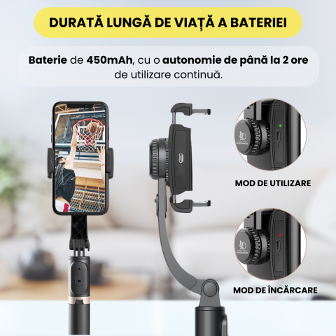 Sistem Gimbal Stabilizator de imagine cu maner, Daismart®, model Q08 universal, rotatie 360°, pentru telefon, trepied inclus, control de la distanta, stabilizare video, selfie-stick, conectare Bluetoo [4]