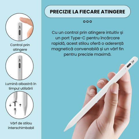 Stylus Pen Ipad universal compatibil cu orice dispozitiv, fara a necesita conectivitate bluetooth, Daismart, P3 Pro 2024, stilou digital cu precizie inalta, compatibil Android & Apple, incarcare tip C [7]